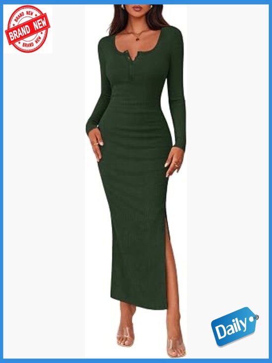 Dresses & Skirts - Long Sleeve Bodycon Maxi Dress Crew Neck Button Down Side Slit Knit